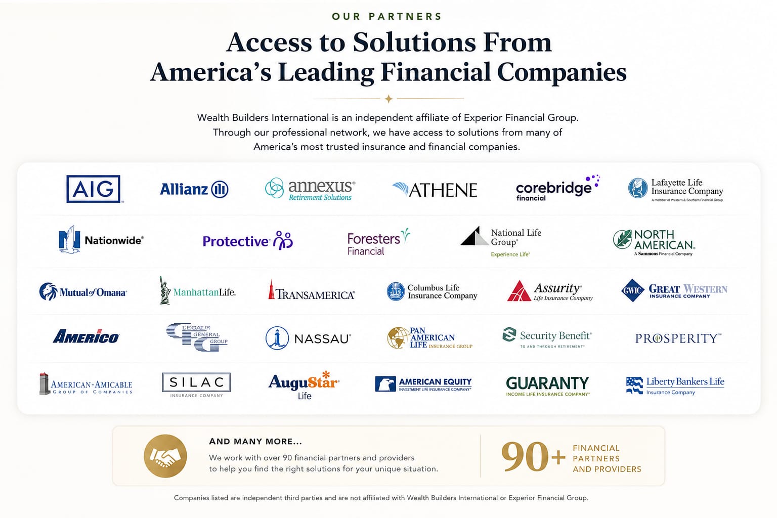 Representative sample of carrier relationships including AIG, Allianz, Athene, Nationwide, Prudential, and other leading financial companies
