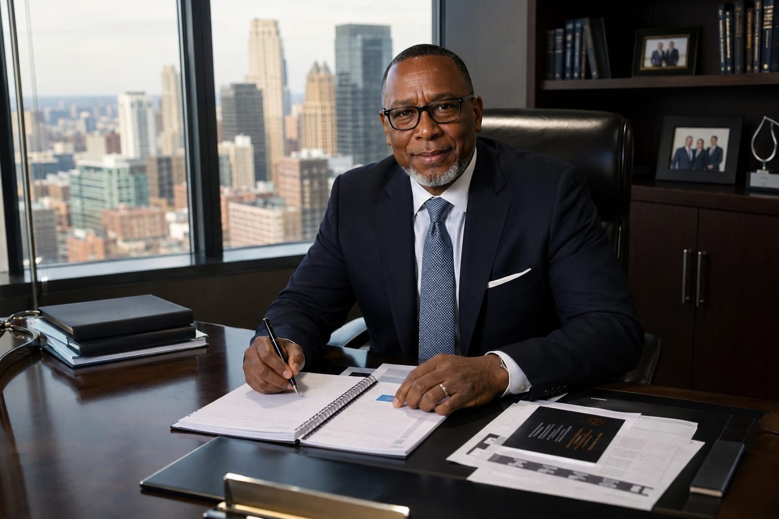 Lawrence Edwards, retirement planning guide, in his executive office