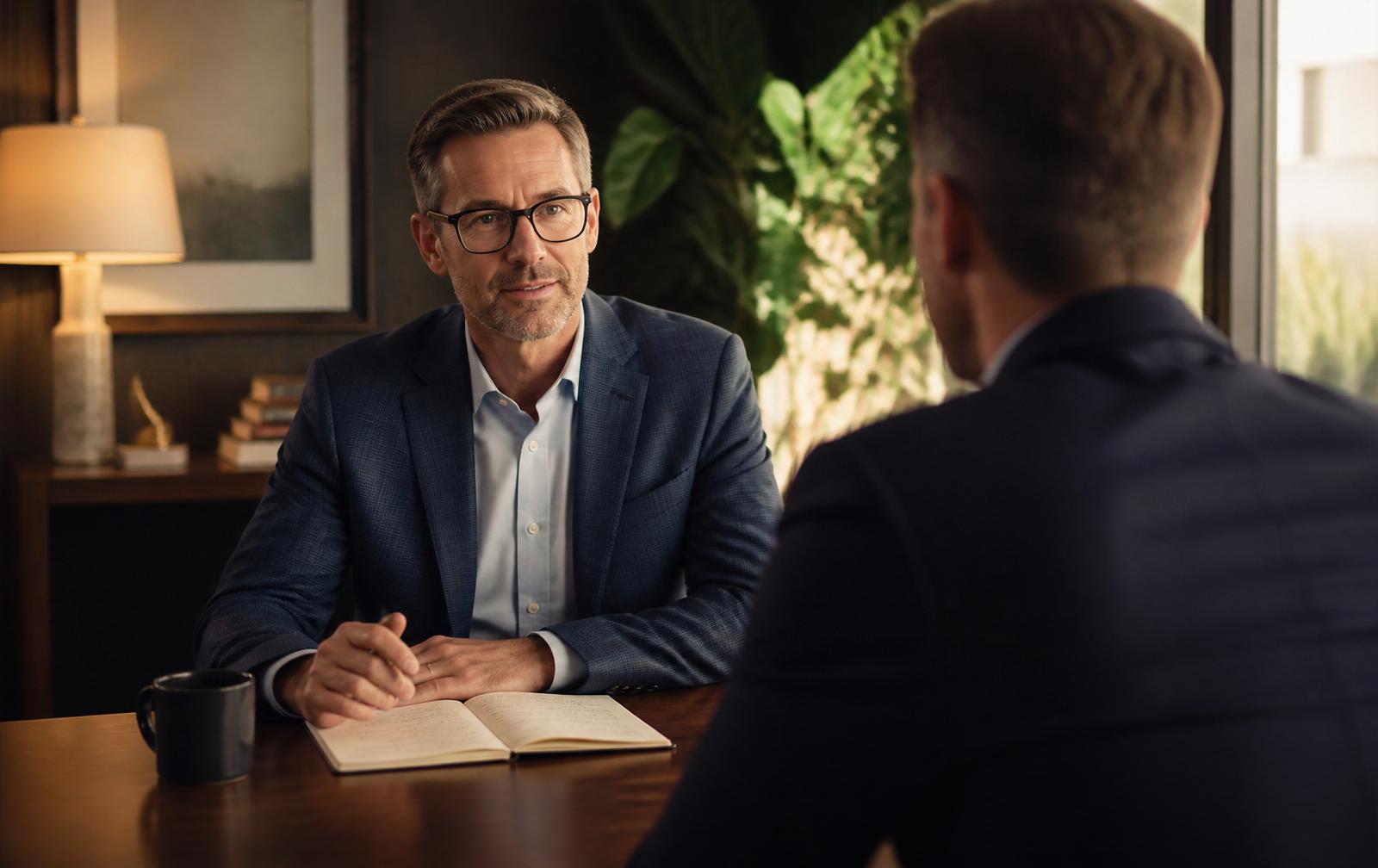 A warm conversation between an advisor and client across a walnut table