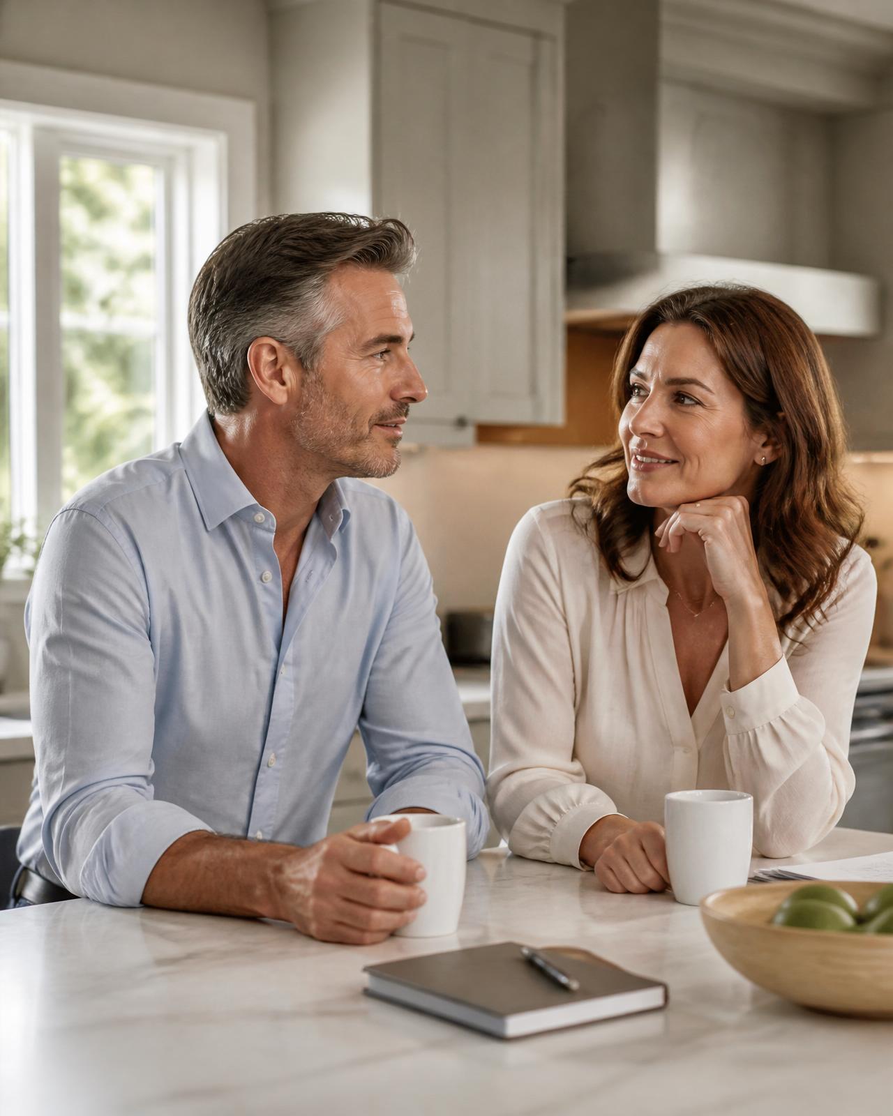 A professional couple in their early fifties in a warm kitchen, mid-conversation about their financial future